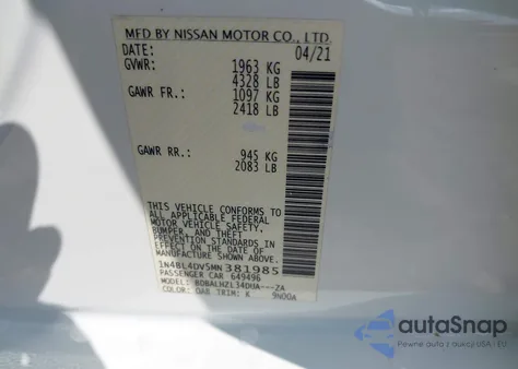 2021 Nissan Altima Sv Fwd from USA, damaged, VIN 1N4BL4DV5MN381985